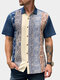 Chemises à manches courtes à revers en patchwork imprimé géométrique vintage pour hommes - bleu