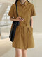 Solid Button Front Pocket Cargo Shirt Dress With Belt - Yellow
