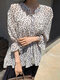 Floral Print Stand Collar Knotted 3/4 Sleeve Button Loose Blouse - White