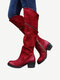 Plus Size Women Casual Suede Rivet Side Zipper Low Heel Knee Boots - Red