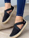 Plus Size Comfy Suede Woven Elastic Band Flat Espadrilles Shoes For Women - Black