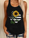 Striped Sunflower Print O-neck Casual Tank Top for Women - Black