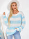 Contrast Color Long Sleeve Crew Neck Loose Knit Sweater - Blue
