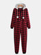 Plus Size Plaid Jumpsuits Women Pajamas Hooded Front Zipper Home Plush Sleepwear - Red