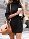 Solid Knit Split Turtleneck 3/4 Sleeve Casual Sweater Dress - Black