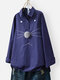 Simple Cat Embroidery Hairball Long Sleeve Blouse Lapel Shirt - Navy