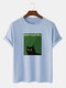 Mens Black Cat Letter Graphic Short Sleeve Cotton T-Shirts - Light Blue