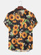 Mens All Over Sunflower Print Short Sleeve Lapel Shirt - Black