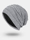 Men Winter Plus Velvet Plain Color Striped Pattern Outdoor Knitted Warm Beanie Hat - Gray