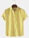 Mens Striped Print Solid Color Casual Loose Short Sleeve Shirts - Yellow
