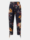 Bohemian Floral Print Knotted Pocket Long Casual Pants for Women - Navy