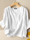 Blusa de algodón de manga 3/4 con botones delanteros con cuello en V liso - Blanco