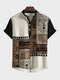 Camisas masculinas étnicas vintage com estampa geométrica patchwork manga curta Henley - Damasco