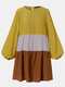 Patchwork O-neck Lantern Sleeve Plus Size Dress for Women - Yellow