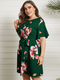 Floral Print O-neck Short Sleeve Belt Plus Size Dress for Women - Green