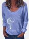 Printed V-neck Long Sleeve Vintage T-shirt For Women - Blue
