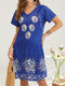 Bohemian Print V-neck Short Sleeve Vintage Holiday Dress For Women - Blue