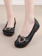 Socofy Genuine Leather Hand Stitching Shoes Retro Ethnic Soft Comfy Floral Flats - Black
