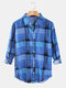 Mens Plaid Print Casual Loose Design Lapel Collar Long Sleeve Shirts - Blue