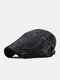 Men Washed Cotton Solid Color Embroidery Thread Adjustable Casual Beret Flat Cap - Black