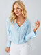 Floral Embroidery Peter Pan Collar Long Sleeve Button Shirt - Blue