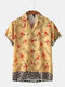 Mens Leopard Print & Floral Patchwork Short Sleeve Shirt - Yellow