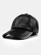 Men Cow Leather Solid Letter Embossing Dome Built-in Ear Protection Windproof Warmth Earflap Hat Baseball Cap - Black