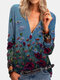 Flower Print Zipper V-neck Long Sleeve Vintage Blouse For Women - Blue