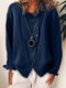 Button Lapel Solid Color Long Sleeve Casual Shirt For Women - Navy