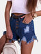 Solid Ripped Pocket Single Breasted Zip Denim Shorts - Blue