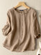 Lettuce Edge Crew Neck Solid Button 3/4 Sleeve Blouse - Apricot