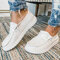 Plus Size Women Comfy Daily Solid Color Round Toe Slip On Wide Feet Flat Loafers - White