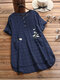 Floral Embroidery Plaid Short Sleeve T-shirt With Pocket - Navy