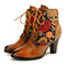 SOCOFY Retro Women Embroidery Genuine Leather Splicing Lace Up High Heel Winter Dress Boots - Orange