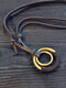 Retro Casual Adjustable Circle Round Pendant Sweater Chain Faux Leather Necklace - Black
