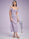 Floral Print Slit Off Shoulder Short Sleeve Dress - Purple
