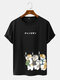 Mens Japanese Cute Cat Print Casual Short Sleeve T-Shirts - Black
