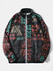 Mens Flannel Geo Pattern Retro Ethnic Style Raglan Sleeves Zip Jackets - Black