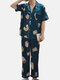 Men Funny Print Faux Silk Pajamas Set Button Dowm Short Sleeve Home Loungewear With Chest Pocket - #08