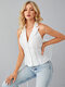 Solid Backless Button Design Halter Sleeveless Tank Top - White