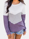 女性のためのコントラストカラー長袖Oネックパッチワークセーター - 紫