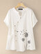 Butterfly Flower Print Irregular Button Short Sleeve 100% Cotton Blouse With Pocket - White