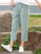 Solid Color Pocket Elastic Waist Cotton Cropped Casual Pants - Light Green