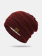 Men Knitted Plus Velvet Solid Color Striped Five-pointed Star Letter Label Warmth Brimless Beanie Hat - Wine Red