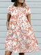 فستان بأزرار بأكمام قصيرة وطبعة أوراق شجر عشوائية - زهري