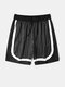 Mens Striped Patchwork Preppy Drawstring Shorts With Pocket - Black