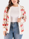 Plus Size Casual Knitted Geo Print Button Loose Cardigan - Red