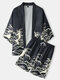 Mens Wave Printed Open Front Kimono Japanese Style Two Pieces Outfits - Black