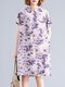 Women Allover Watercolor Floral Print Lapel Short Sleeve Dress - Purple