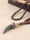 Vintage Ox Horn-shaped Pendant Geometric Beaded Hand-woven Wooden Necklace - #03